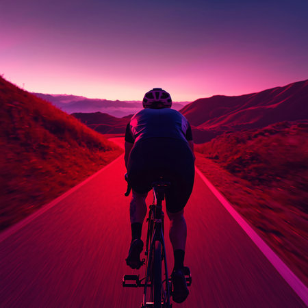 Cyclist riding on the road in the mountains at sunset.の素材