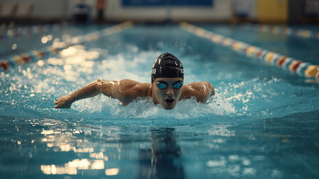 Young man in goggles and cap swimming butterfly stroke style in the poolの素材