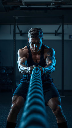 Handsome young muscular Caucasian man working out at the gym gaining weight pumping up muscles and poses fitness and bodybuilding conceptの素材