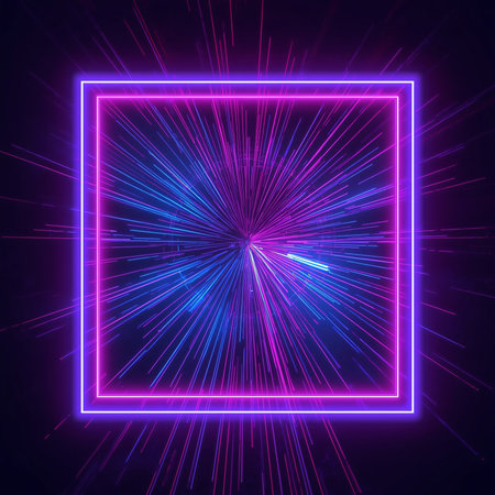 Neon abstract background with square frame and rays. Vector illustration.の素材