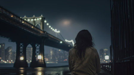 Woman looking at Brooklyn Bridge at night, New York City, USAの素材