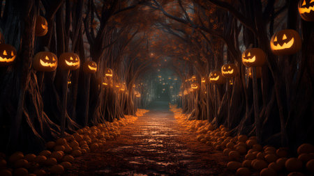 Halloween background with pumpkins in the forest. 3d renderの素材