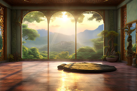3d render of a fantasy room with a beautiful view and a carpetの素材