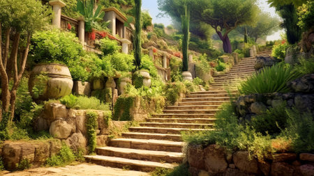 garden with stairs and plants, beautiful photo digital picture for your designの素材