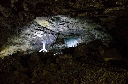 Christian cross in Kungur cave, Permsky kray, Russia. February 2016の写真素材