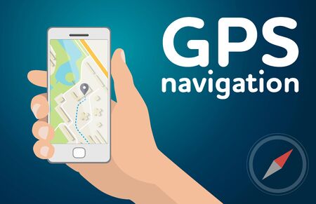Flat design illustration Hand with mobile smartphone gps navigation mapのイラスト素材