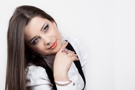 beautiful brunette on wihte background の写真素材