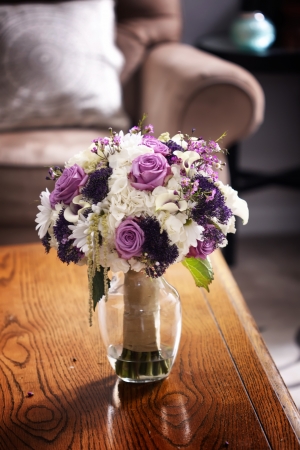 Close up picture of a bridal bouquet on a chair の写真素材