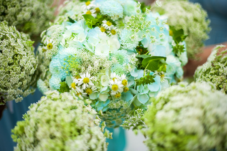 Close up of a beautiful bridal flower bouquet on a wedding dayの写真素材