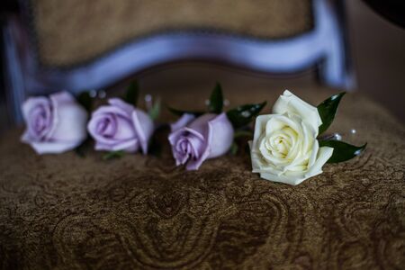 Groom's boutonnieres roses white and purpleの写真素材
