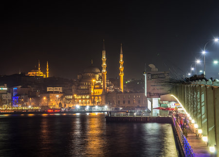 ISTANBUL,TURKEY - FEBRUARY 17, 2013  people fishing on Galata Bridge at night  Galata Bridge is a bridge that crosses the Golden Horn in Istanbul のeditorial素材