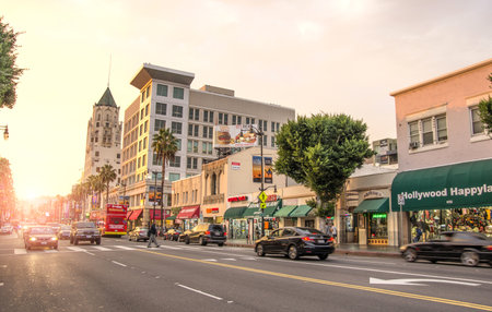 LOS ANGELES - DECEMBER 18, 2013: View of Hollywood Boulevard at sunset. In 1958, the Hollywood Walk...