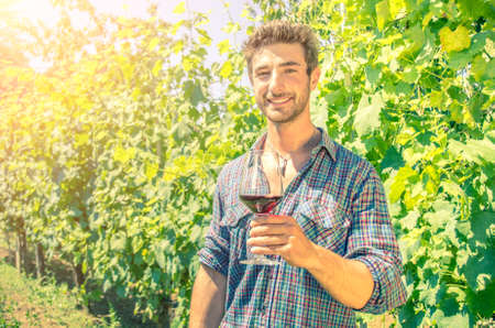 Man holding glass for wine tasting in a vineyard