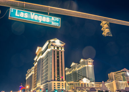 LAS VEGAS - DECEMBER 6, 2013: Caesars Palace and The Strip,Las Vegas. Caesars Palace opened in the 1960's and has a Roman Empire theme.のeditorial素材
