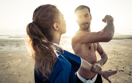 martial art training on the beach. concept about fighting,fitness and peopleの写真素材
