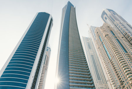 Dubai, Marina,UAE. February 3rd, 2015. The famous Dubai Marina skyline. It is a district in Dubai, United Arab Emirates. Dubai Marina is an artificial canal cityのeditorial素材