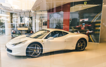 Tokyo, Roppongi. February 9, 2015. The Ferrari 458 Italia in a Ferrari car delear store.  The 458 replaced the Ferrari F430, and was first officially unveiled in 2009.のeditorial素材