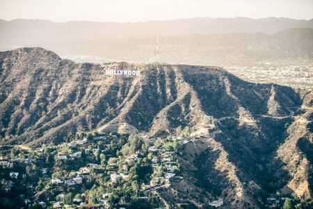 HOLLYWOOD, CA - SEPTEMBER 28, 2016: Hollywood sign and Los angeles view from helicopter.Originally created as advertisement for real estate development.のeditorial素材