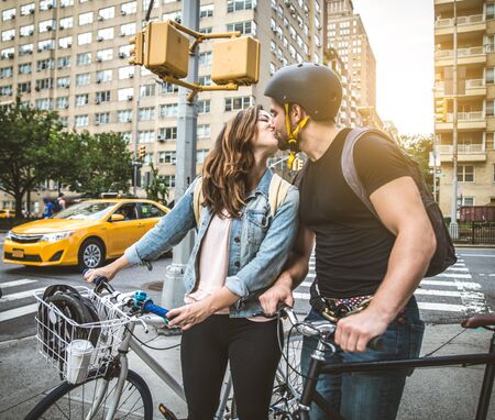 Couple of cyclist in New York - Couple of lovers sighseeing Manhattan on bikesの写真素材