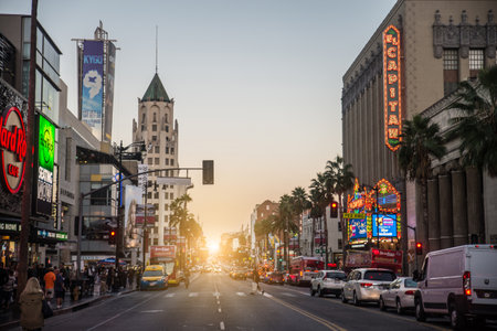 HOLLYWOOD, CA - OCTOBER 12, 2016: View of Hollywood Boulevard at sunset. In 1958, the Hollywood Walk of Fame was created on this street as a tribute to artists working in the entertainment industry.のeditorial素材