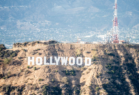 HOLLYWOOD, CA - SEPTEMBER 28, 2016: Hollywood sign and Los angeles view from helicopter.Originally created as advertisement for real estate development.のeditorial素材