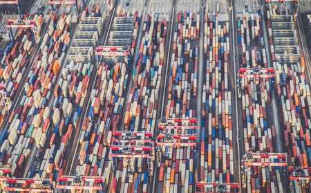 view of cargo shipping containers stacked on docks.のeditorial素材