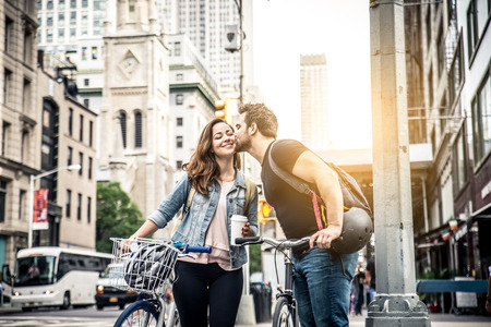 Couple of cyclist in New York - Couple of lovers sighseeing Manhattan on bikesの写真素材