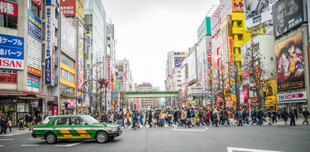 TOKYO, JAPAN - FEBRUARY 7, 2015: Akihabara Electric Town in Tokyo. Akihabara is a popular shopping district for video games anime manga and computer goods. One of the most attracting place in Tokyo.のeditorial素材