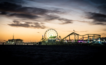 Santa monica pier structure at sunsetのeditorial素材