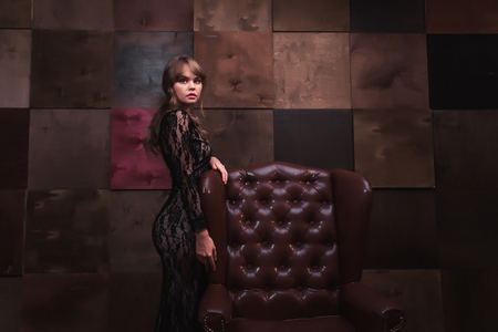 Breautiful woman in black dressの写真素材