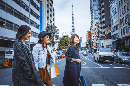 Group of japanese women spending time in Tokyo, making shopping in differents areas of the cityのeditorial素材