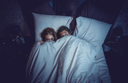 Couple moments in the bedroom. Domestic life homeの写真素材