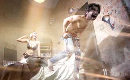 Couple fighting in the bedroomの写真素材