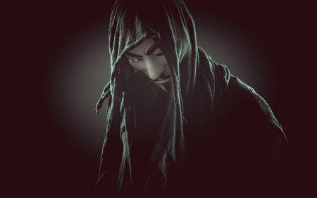 MILAN, ITALY, MAY 8TH 2017.Anonymous character with mask. Anonymous is a loosely associated international network of activist and hacktivist entities.のeditorial素材
