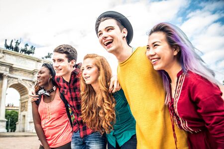 Multi-ethnic group of teens bonding outdoorsの写真素材