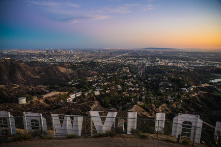 LOS ANGELES, CALIFORNIA - SEPTEMBER 25, 2016: The Hollywood sign overlooking Los Angeles. The iconic sign was originally created in 1923.のeditorial素材
