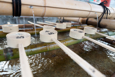 Japanese wooden ladle in shrineのeditorial素材
