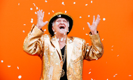 Grandmother portraits on colored backgroundsの写真素材