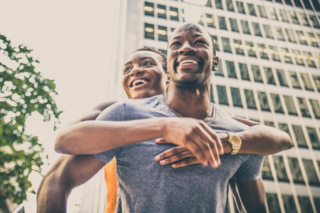 Smiling couple of lovers having fun in New York streetsの写真素材