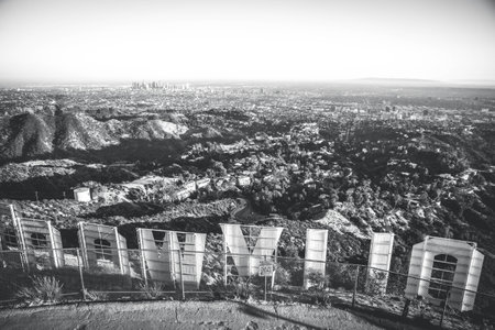 LOS ANGELES, CALIFORNIA - SEPTEMBER 25, 2016: The Hollywood sign overlooking Los Angeles. The iconic sign was originally created in 1923.のeditorial素材