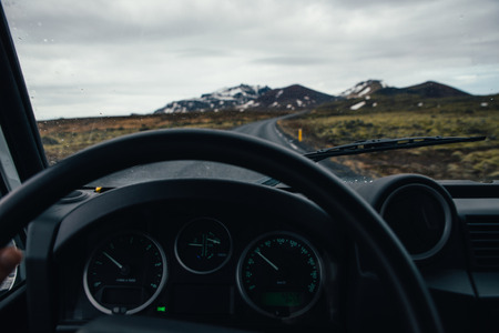 Man exploring iceland. Driving through the landsの写真素材