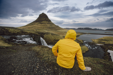 Man exploring icelandic landsの写真素材