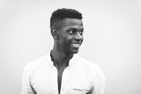 Young happy boy on colored backgroundの写真素材