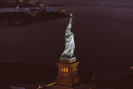 Statue of Liberty from above, New York - View of NY landmarks from helicopter tourの写真素材