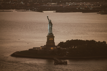 Statue of Liberty from above, New York - View of NY landmarks from helicopter tourの写真素材