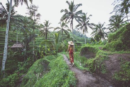 Beautiful girl visiting the Bali rice fields in tegalalang, ubud. Concept about people, wanderlust traveling and tourism lifestyleの写真素材