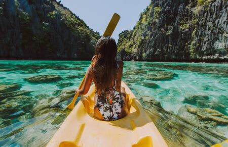 Beautiful woman enjoy the time at the lagoon in Coron, philippines. concept about tropical wanderlust travelingの写真素材