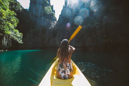 Beautiful woman enjoy the time at the lagoon in Coron, philippines. concept about tropical wanderlust travelingの写真素材