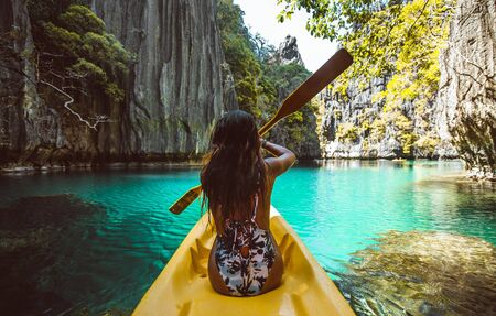 Beautiful woman enjoy the time at the lagoon in Coron, philippines. concept about tropical wanderlust travelingの写真素材
