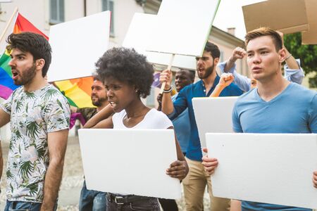 Group of activists is protesting outdoorsの写真素材